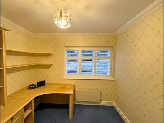 Bumblebee patterned wallpaper expertly hung in a home study in Surrey by Goulds D&F